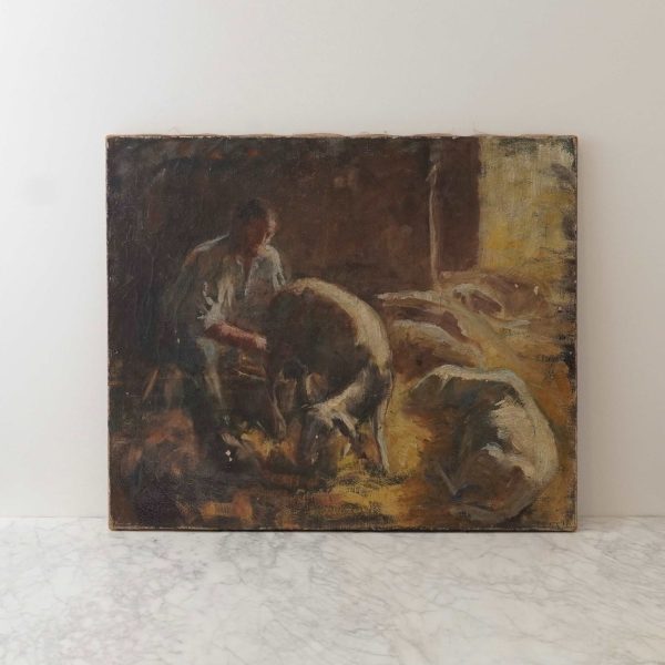 Man and His Sheep French Antique Artwork c.1900